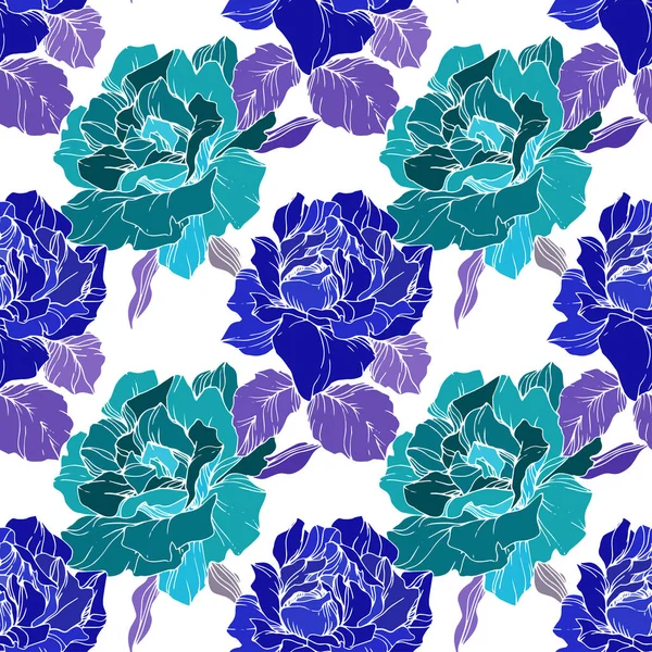 Green Blue Roses Engraved Ink Art Seamless Background Pattern Fabric — Stock Vector