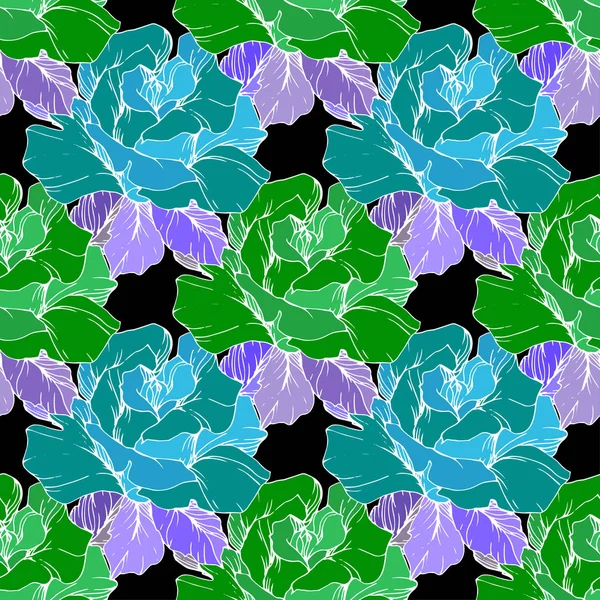 Green Blue Roses Engraved Ink Art Seamless Background Pattern Fabric — Stock Vector