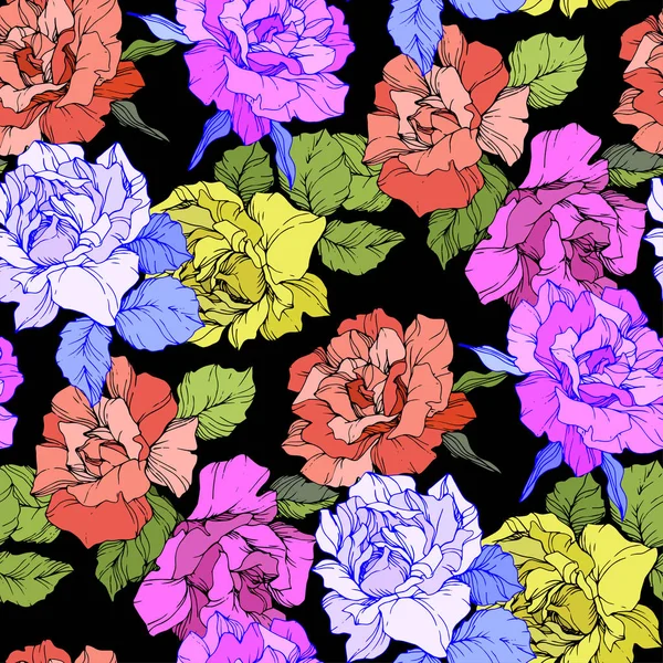 Coral Yellow Purple Roses Engraved Ink Art Seamless Background Pattern — Stock Vector