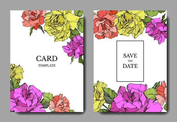 黄色和紫色的玫瑰花卡上 带有花卉装饰边框的婚礼卡片 谢谢你 Rsvp 邀请优雅的卡片插图图形集 雕刻的水墨艺术 — 图库矢量图片