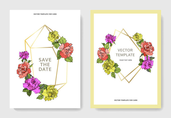 Vector. Coral, yellow and purple rose flowers on cards. Wedding cards with floral decorative borders. Thank you, rsvp, invitation elegant cards illustration graphic set. Engraved ink art.