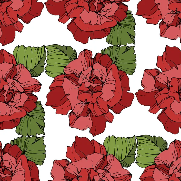 Red Roses Engraved Ink Art Seamless Background Pattern Fabric Wallpaper — Stock Vector
