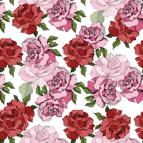Pink Red Roses Engraved Ink Art Seamless Background Pattern Fabric — Stock Vector