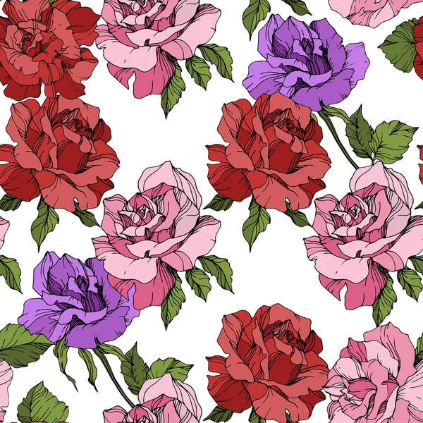 Pink Red Purple Roses Engraved Ink Art Seamless Background Pattern — Stock Vector