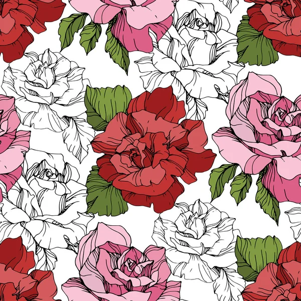 Pink Red Roses Engraved Ink Art Seamless Background Pattern Fabric — Stock Vector