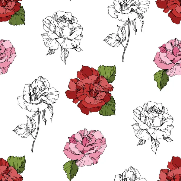 Pink Red Roses Engraved Ink Art Seamless Background Pattern Fabric — Stock Vector