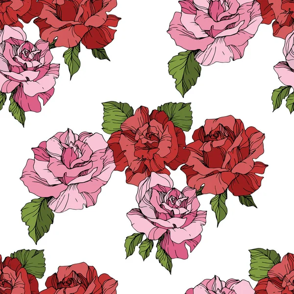 Pink Red Roses Engraved Ink Art Seamless Background Pattern Fabric — Stock Vector