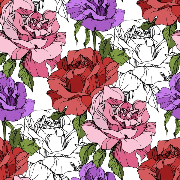 Pink Red Purple Roses Engraved Ink Art Seamless Background Pattern — Stock Vector