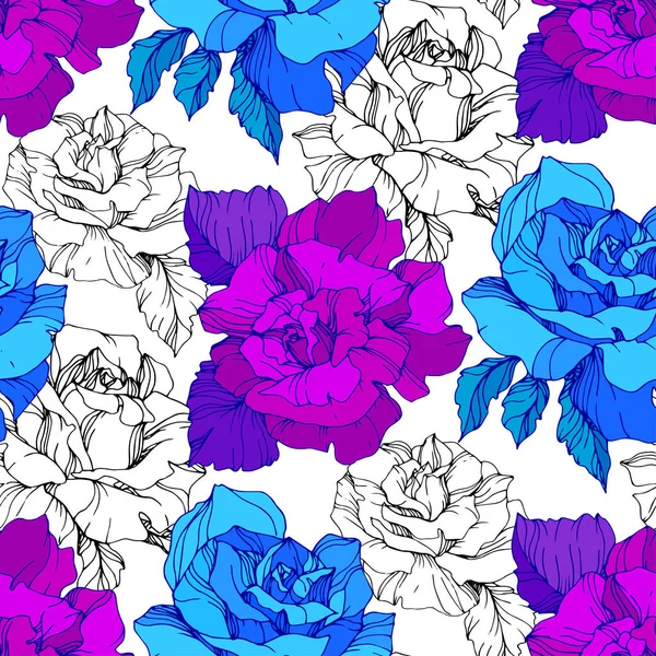 蓝色和紫色的玫瑰 雕刻的水墨艺术 无缝的背景模式 织物壁纸打印纹理在白色背景 — 图库矢量图片