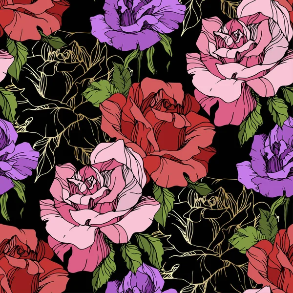 Rosa Rojo Púrpura Flores Rosas Arte Tinta Grabada Patrón Fondo — Vector de stock