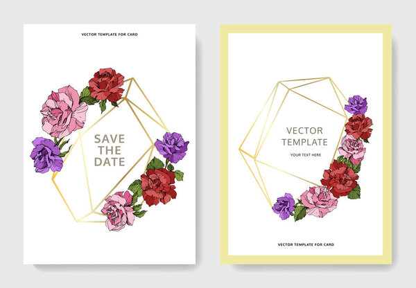 Beautiful rose flowers on cards. Wedding cards with floral decorative borders. Thank you, rsvp, invitation elegant cards illustration graphic set. Engraved ink art.