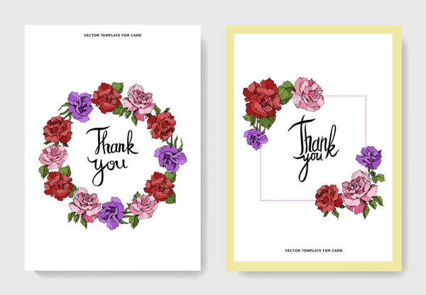 Beautiful rose flowers on cards. Wedding cards with floral decorative borders. Thank you, rsvp, invitation elegant cards illustration graphic set. Engraved ink art.