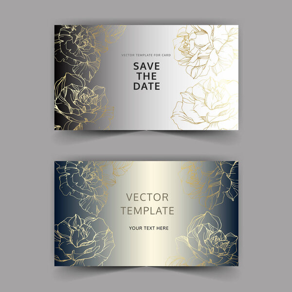 Vector. Golden rose flowers on silver cards. Wedding cards with floral decorative borders. Thank you, rsvp, invitation elegant cards illustration graphic set. Engraved ink art.