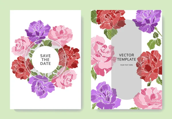 Hermosas Flores Rosa Las Tarjetas Tarjetas Boda Con Bordes Decorativos — Vector de stock