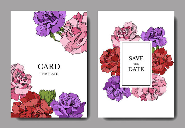Beautiful rose flowers on cards. Wedding cards with floral decorative borders. Thank you, rsvp, invitation elegant cards illustration graphic set. Engraved ink art.