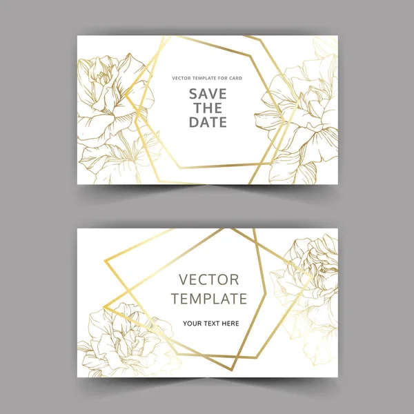 Vector Golden Rose Flowers Cards Wedding Cards Golden Borders Thank — Stock Vector