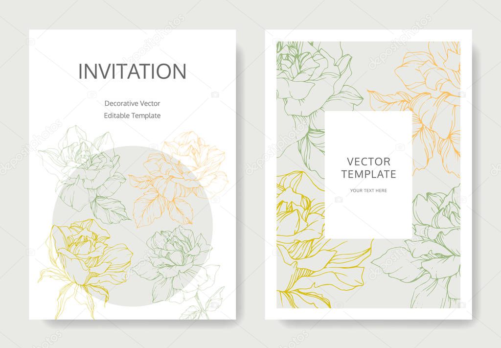 Vector rose flowers. Wedding cards with floral borders. Thank you, rsvp, invitation elegant cards illustration graphic set. 