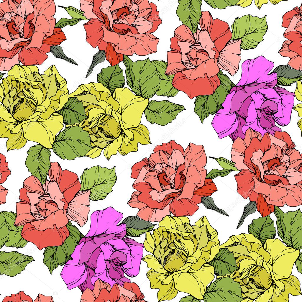 Beautiful coral, yellow and purple roses. Engraved ink art. Seamless background pattern. Fabric wallpaper print texture on white background.