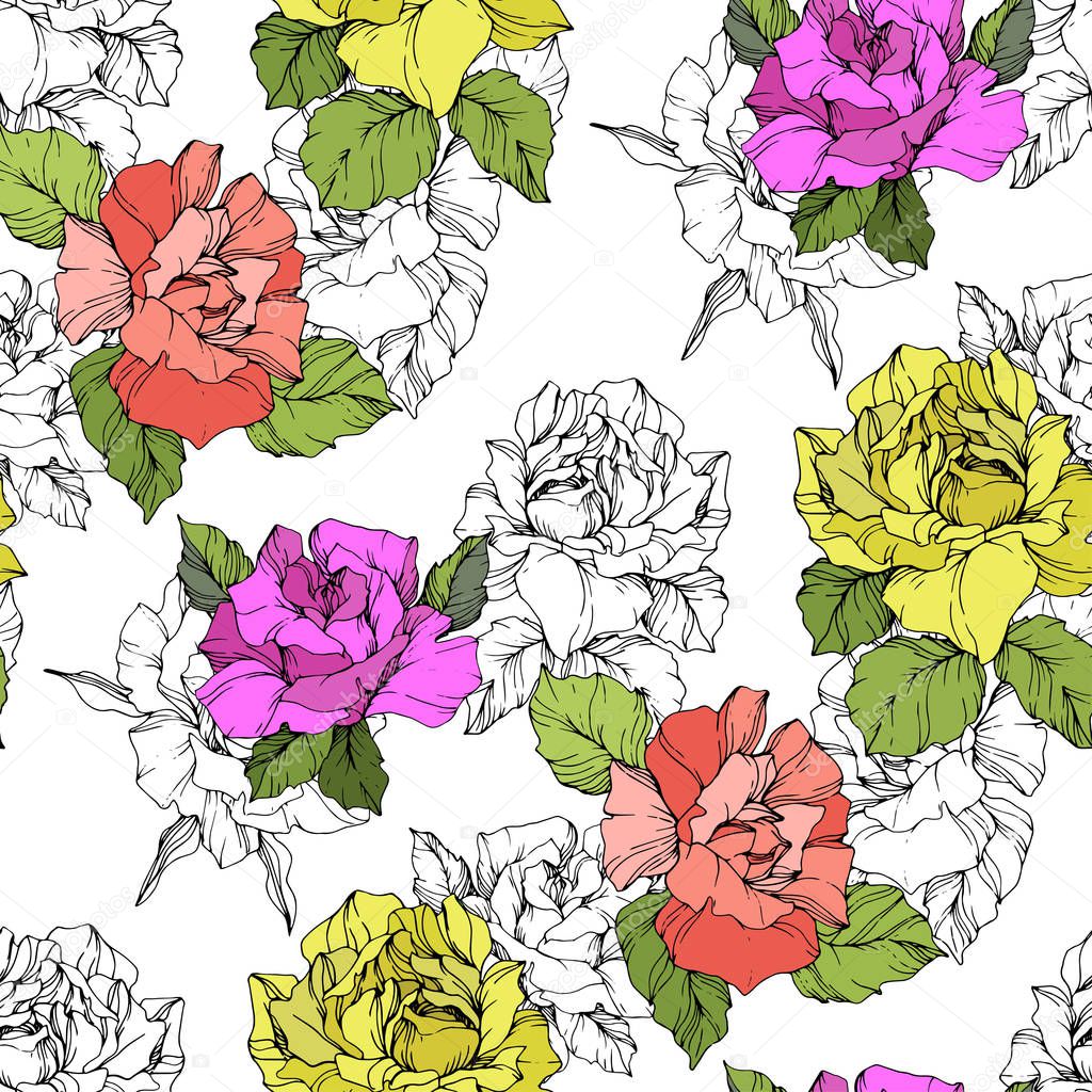 Beautiful coral, yellow and purple roses. Engraved ink art. Seamless background pattern. Fabric wallpaper print texture on white background.