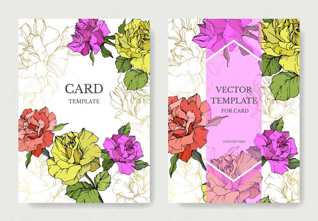 Vector. Coral, yellow and purple rose flowers on cards. Wedding cards with floral decorative borders. Thank you, rsvp, invitation elegant cards illustration graphic set. Engraved ink art.
