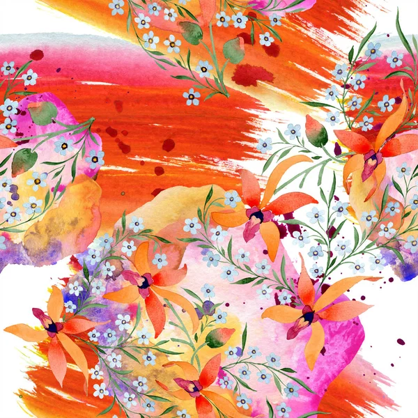 Flores Azules Naranjas Dibujo Acuarela Fondo Con Orquídeas Olvides — Foto de Stock