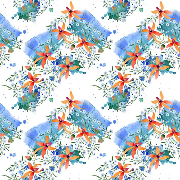 Blue Orange Flowers Watercolour Drawing Background Orchids Forget Nots — Stock Photo, Image