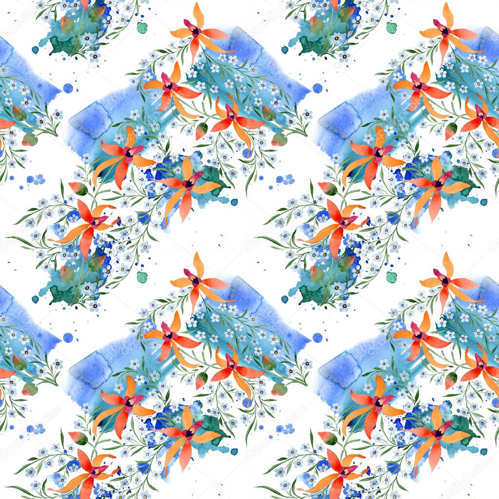 Blue and orange flowers. Watercolour drawing of background with orchids and forget me nots.
