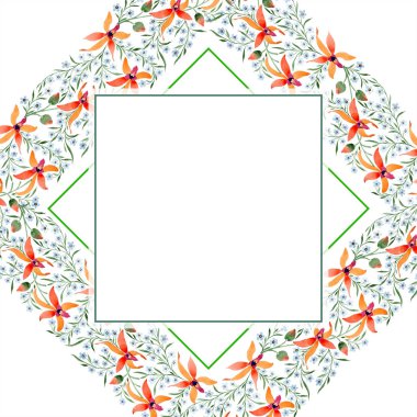 mavi ve turuncu çiçekler geometrik çerçeveyle. Arka plan ile orkide çizim suluboya ve fakirler unut beni.