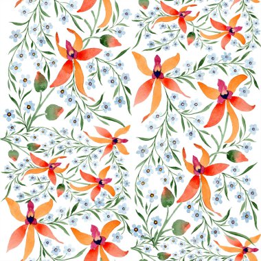 Mavi ve turuncu çiçekler. Arka plan ile orkide çizim suluboya ve fakirler unut beni.