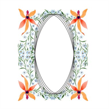 Mavi ve turuncu çiçekler. Arka plan ile orkide çizim suluboya ve fakirler unut beni.