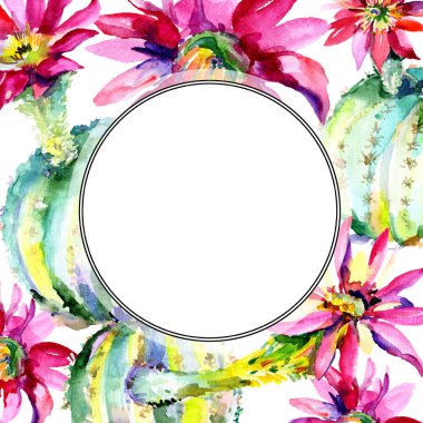 Çiçekler suluboya çizim ile yeşil kaktüsler ile çerçeve kenarlığı ve kopya alanı ayarla. 