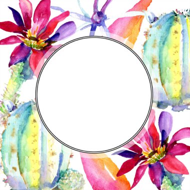 Çiçekler suluboya çizim ile yeşil kaktüsler ile çerçeve kenarlığı ve kopya alanı ayarla. 