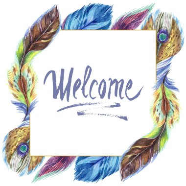 Colorful watercolor feathers isolated on white illustration. Frame border ornament with welcome lettering. clipart