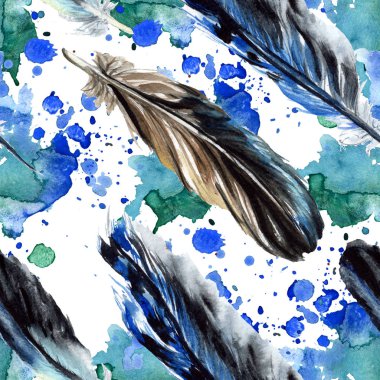 Siyah suluboya çizimi tüy. Sorunsuz arka plan deseni. Kumaş duvar kağıdı yazdırma doku. 