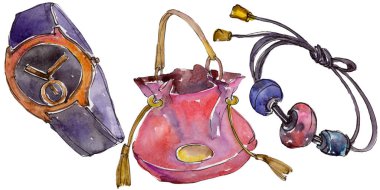 Moda izole aksesuarları illüstrasyon suluboya tarzında ayarla
