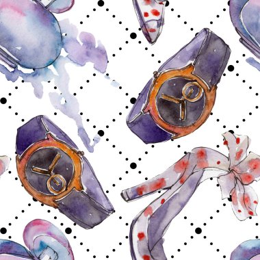 Fashion accessories illustration in watercolor style. Seamless background pattern. Fabric wallpaper print texture. clipart