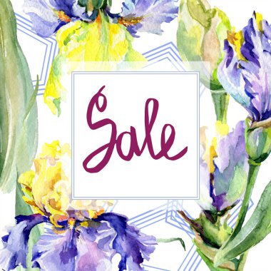 Mor Sarı Iris çiçekler. Suluboya arka plan illüstrasyon küme. Suluboya çizim moda aquarelle. Satılık el yazısı monogram hat ile çerçeve kenarlığı.