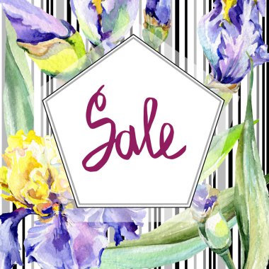 Mor Sarı Iris çiçekler. Suluboya arka plan illüstrasyon küme. Suluboya çizim moda aquarelle. Satılık el yazısı monogram hat ile çerçeve kenarlığı.
