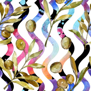 Yeşil zeytin suluboya arka plan illüstrasyon ayarlayın. Suluboya çizim moda aquarelle izole. Botanik zeytin yeşillik.