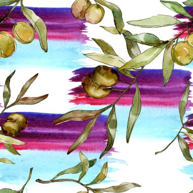 Yeşil zeytin suluboya arka plan illüstrasyon ayarlayın. Suluboya çizim aquarelle. Sorunsuz arka plan deseni. Kumaş duvar kağıdı yazdırma doku.