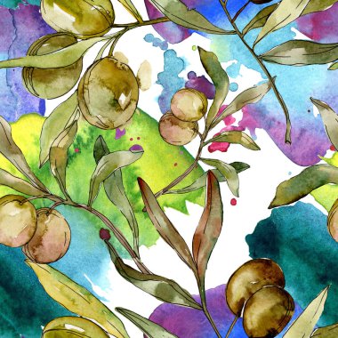 Yeşil zeytin suluboya arka plan illüstrasyon ayarlayın. Suluboya çizim aquarelle. Sorunsuz arka plan deseni. Kumaş duvar kağıdı yazdırma doku.