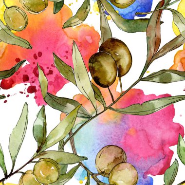 Yeşil zeytin suluboya arka plan illüstrasyon ayarlayın. Suluboya çizim aquarelle. Sorunsuz arka plan deseni. Kumaş duvar kağıdı yazdırma doku.