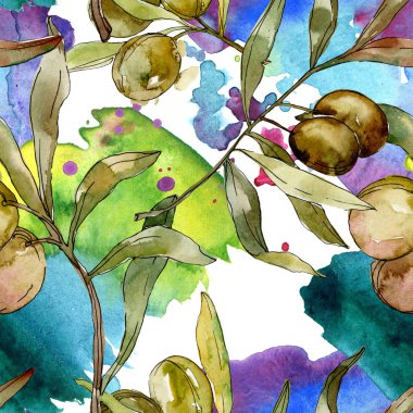 Yeşil zeytin suluboya arka plan illüstrasyon ayarlayın. Suluboya çizim aquarelle. Sorunsuz arka plan deseni. Kumaş duvar kağıdı yazdırma doku.