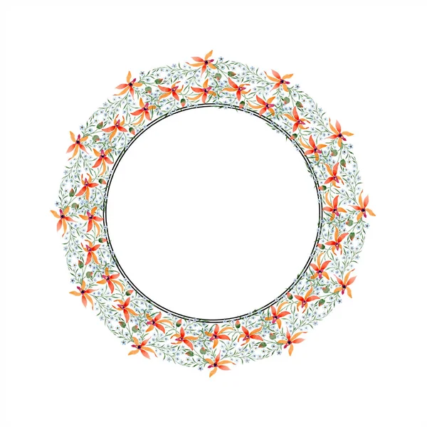 circle frame of blue and orange flowers. Watercolour drawing of background with orchids and forget me nots.