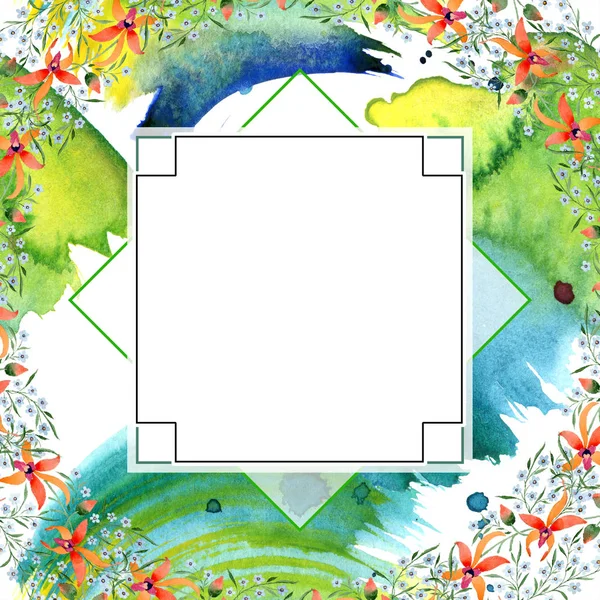 geometric frame with blue and orange flowers. Watercolour drawing of background with orchids and forget me nots.