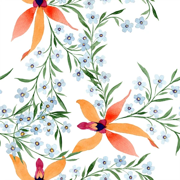 Blue Orange Flowers Watercolour Drawing Background Orchids Forget Nots — Stock Photo, Image