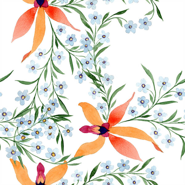 Blue and orange flowers. Watercolour drawing of background with orchids and forget me nots.