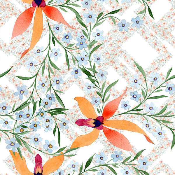 Blue and orange flowers. Watercolour drawing of background with orchids and forget me nots.