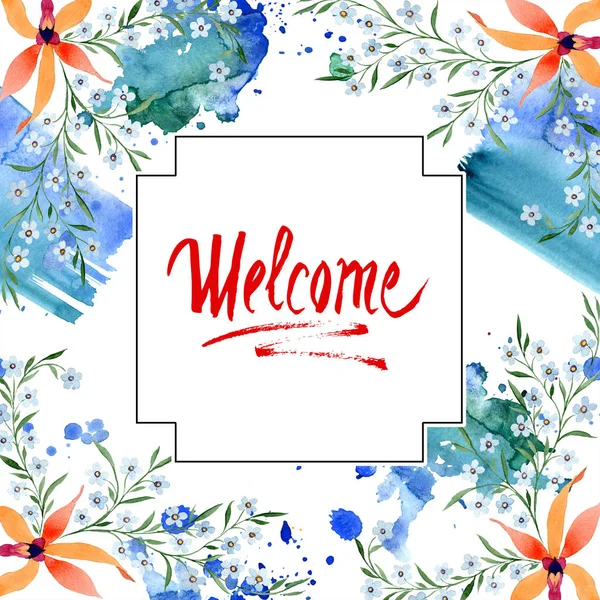 Welcome Card Blue Orange Flowers Watercolour Drawing Background Orchids Forget — Stock Photo, Image