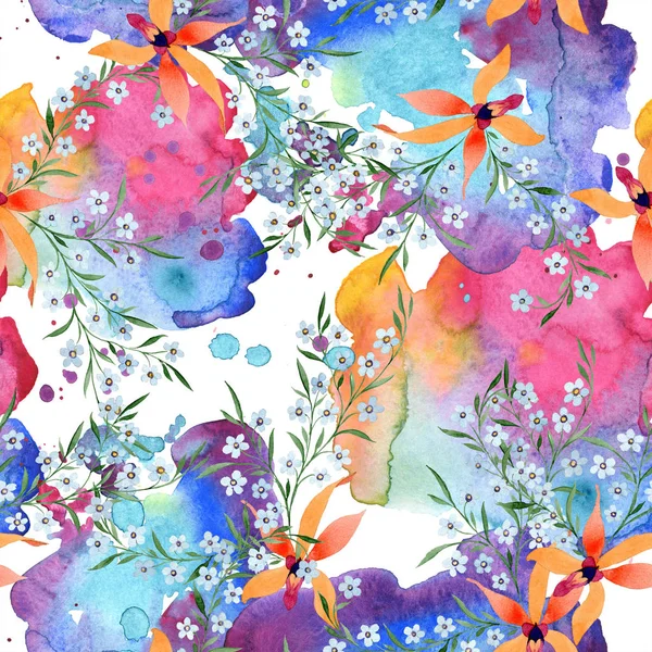 Blue Orange Flowers Watercolour Drawing Background Orchids Forget Nots — Stock Photo, Image